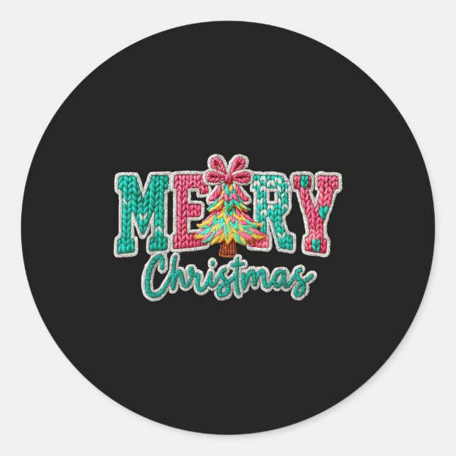 Merry Christmas Crochet Xmas Tree Pajamas Holiday  Classic Round Sticker (Front)