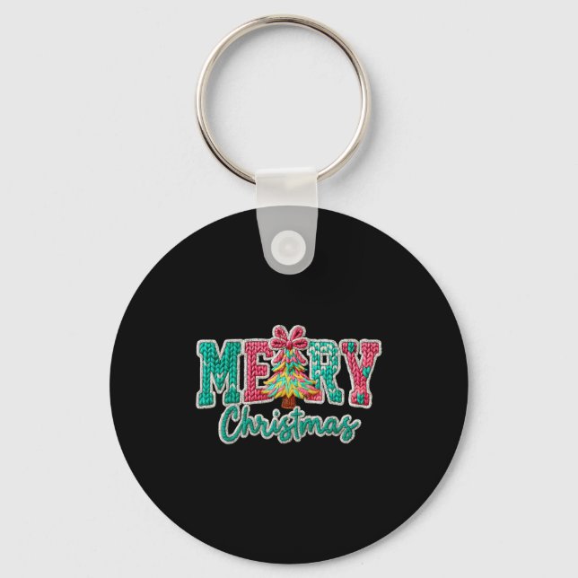 Merry Christmas Crochet Xmas Tree Pajamas Holiday  Keychain (Front)