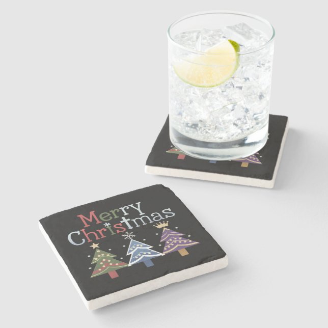 Merry Christmas Cross Xmas Tree Retro Stone Coaster (Side)