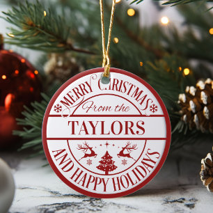 Merry Christmas Custom Family Name Classic Ceramic Ornament