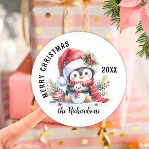 Merry Christmas Custom Festive Cute Penguin Classic Round Sticker