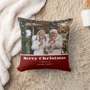 Merry Christmas Custom Friends Photo Simple Red  Throw Pillow
