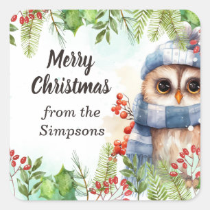Merry Christmas Custom From the Name Owl Bird Square Sticker