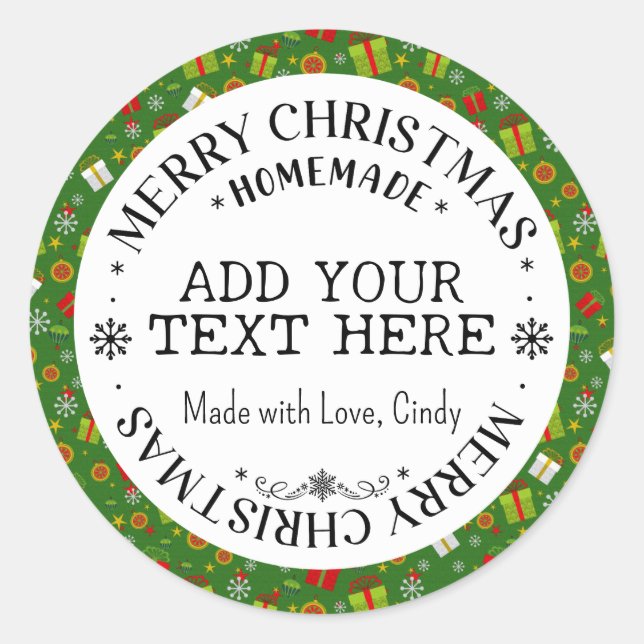 Merry Christmas Custom Green Holiday Homemade   Classic Round Sticker (Front)