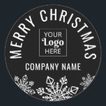 Merry Christmas Custom Logo Company Name Black   Classic Round Sticker<br><div class="desc">Black and white Merry Christmas stickers personalized with company name and logo for professional branding .</div>