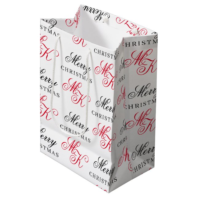 Merry Christmas Custom Monogram Initials Xmas Medium Gift Bag (Front Angled)