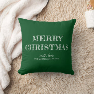 Merry Christmas Custom Name Modern Simple Green Throw Pillow