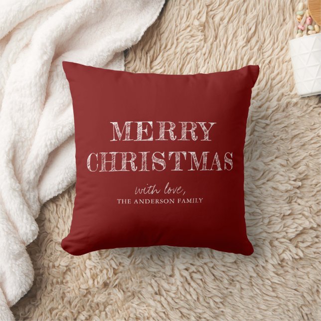 Merry Christmas Custom Name Modern Simple Red Throw Pillow (Blanket)