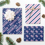 Merry Christmas Custom Name Monogram Pink Navy Wrapping Paper Sheet<br><div class="desc">Elevate your gift giving this holiday season with a set of beautifully coordinated designs! Featuring three unique patterns in matching colours, that can be used individually or as a set. The first sheet is personalized with the recipient's name in classic block-style lettering. The 'Merry Christmas' phrase can also be customized...</div>