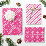 Merry Christmas Custom Name Monogram Pink Wrapping Paper Sheet<br><div class="desc">Elevate your gift giving this holiday season with a set of beautifully coordinated designs! Featuring three unique patterns in matching colours, that can be used individually or as a set. The first sheet is personalized with the recipient's name in classic block-style lettering. The 'Merry Christmas' phrase can also be customized...</div>