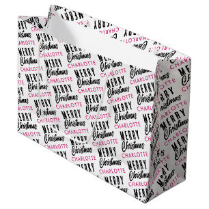 Merry Christmas Custom Name Pink Trendy Large Gift Bag