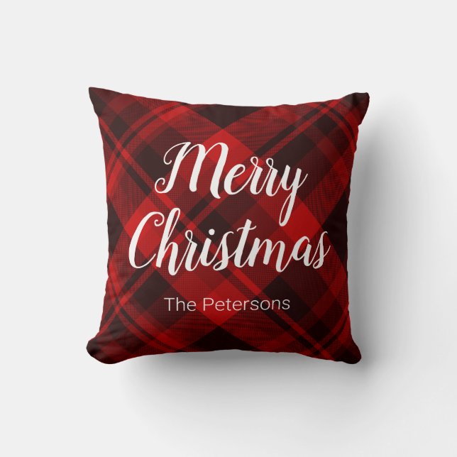 Merry Christmas Custom Name Red Black Plaid Throw Pillow (Front)
