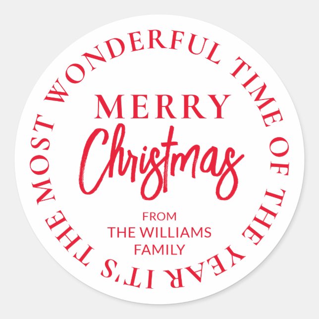 Merry Christmas Custom Name Red Classic Round Sticker (Front)
