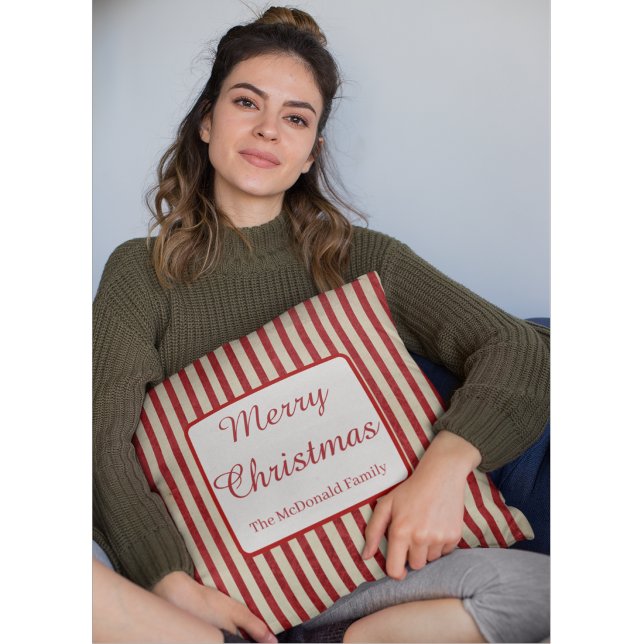 Merry Christmas custom name red stripes Throw Pillow (Creator Uploaded)