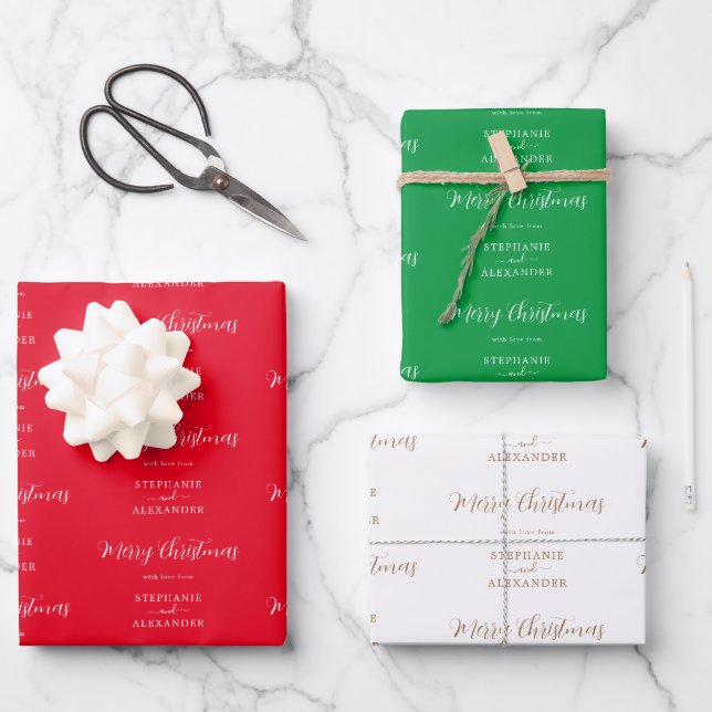 Merry Christmas Custom Name Red White Green Wrapping Paper Sheet (Front)
