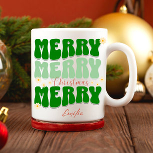 Merry Christmas Custom Name Retro Groovy Green Mug