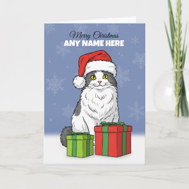 Merry Christmas Custom Name Santa Hat WIth Gifts Holiday Card (Front)