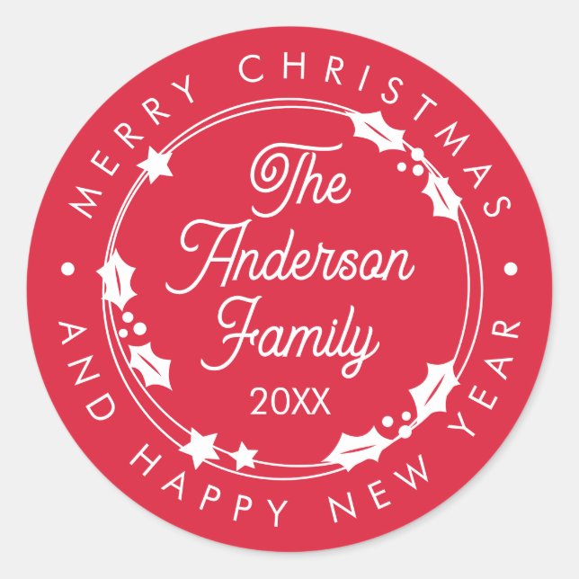 Merry Christmas Custom Name Year Script Wreath Classic Round Sticker (Front)