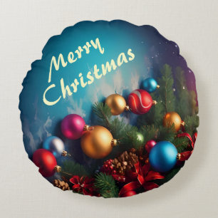 Merry Christmas Custom Personalize Text Round Pillow