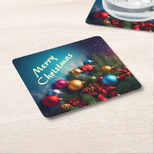Merry Christmas Custom Personalize Text Square Paper Coaster