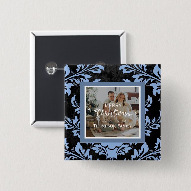 Merry Christmas custom photo blue Button (Front & Back)