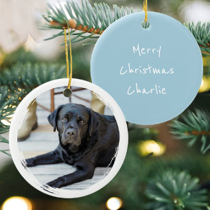 Merry Christmas Custom Photo Dog Pet Modern Blue Ceramic Ornament