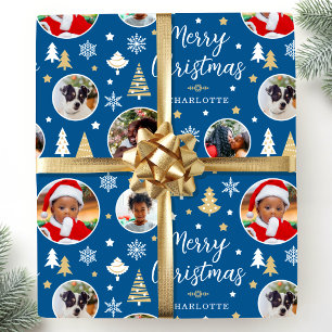 Merry Christmas Custom Photo Festive Trees Blue Wrapping Paper