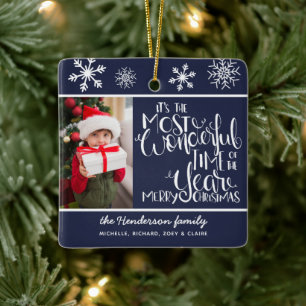 Merry Christmas Custom Photo Navy Blue Snowflake Ceramic Ornament