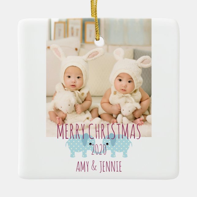 Merry Christmas Custom Photo Twins Ceramic Ornament (Front)