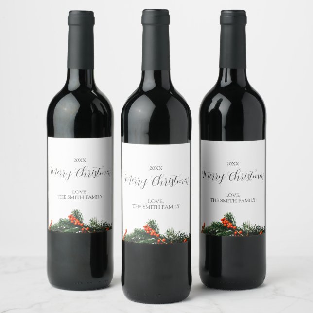 Merry Christmas Custom Pine with Berries Wedding  Wine Label (Bottles)