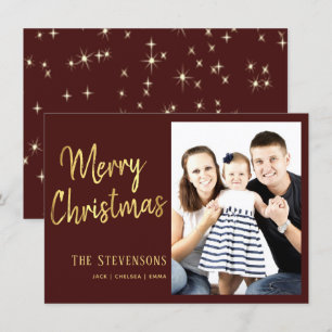 Merry Christmas Custom Red Gold Holiday Photo Invitation