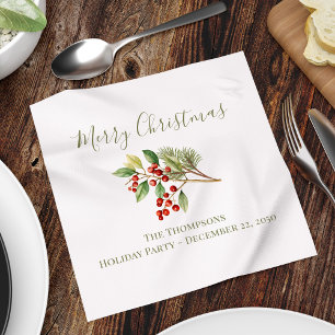 Merry Christmas Custom Red Holly Berries Napkin