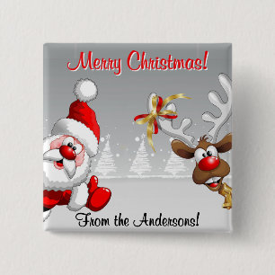 Merry Christmas Custom Santa & Reindeer 2 Inch Square Button