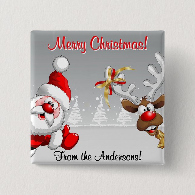 Merry Christmas Custom Santa & Reindeer 2 Inch Square Button (Front)