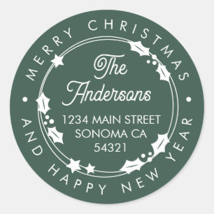 Merry Christmas Custom Script Address Wreath Green Classic Round Sticker