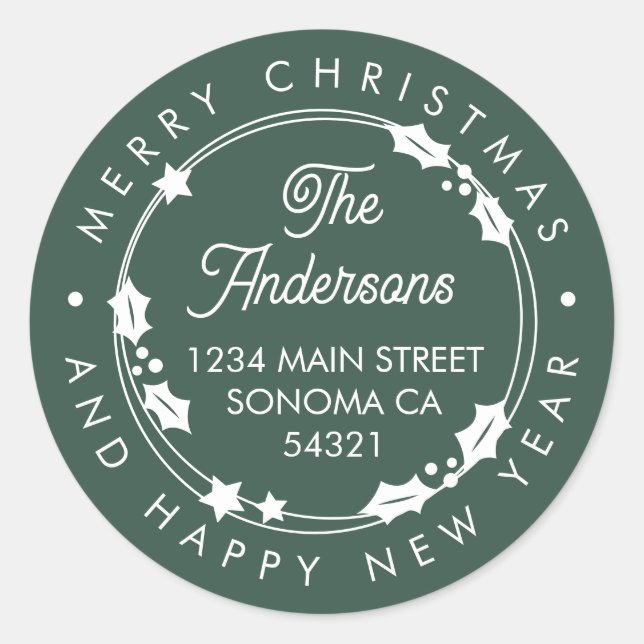Merry Christmas Custom Script Address Wreath Green Classic Round Sticker (Front)