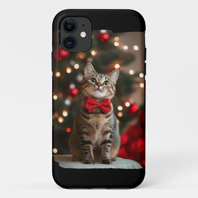 Merry Christmas Cut Cat with Christmas Tree Lights Case-Mate iPhone Case (Back)