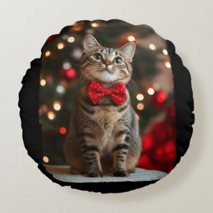 Merry Christmas Cut Cat with Christmas Tree Lights Round Pillow