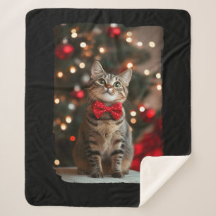 Merry Christmas Cut Cat with Christmas Tree Lights Sherpa Blanket