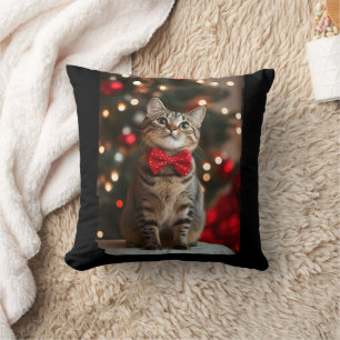 Merry Christmas Cut Cat with Christmas Tree Lights Throw Pillow