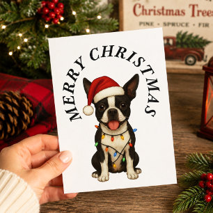 Merry Christmas Cute Boston Terrier Santa Hat Dog Holiday Postcard