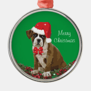 Merry Christmas Cute Boxer Dog Xmas Santa Hat Metal Ornament