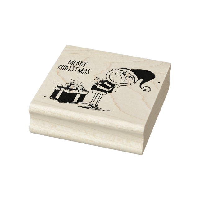 Merry Christmas Cute Boy with Present  Rubber Stamp (Stamp)