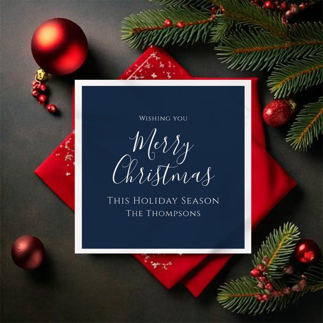 Merry Christmas Cute Calligraphy Simple Navy Blue Napkin (Navy blue Merry Christmas cocktail napkin)