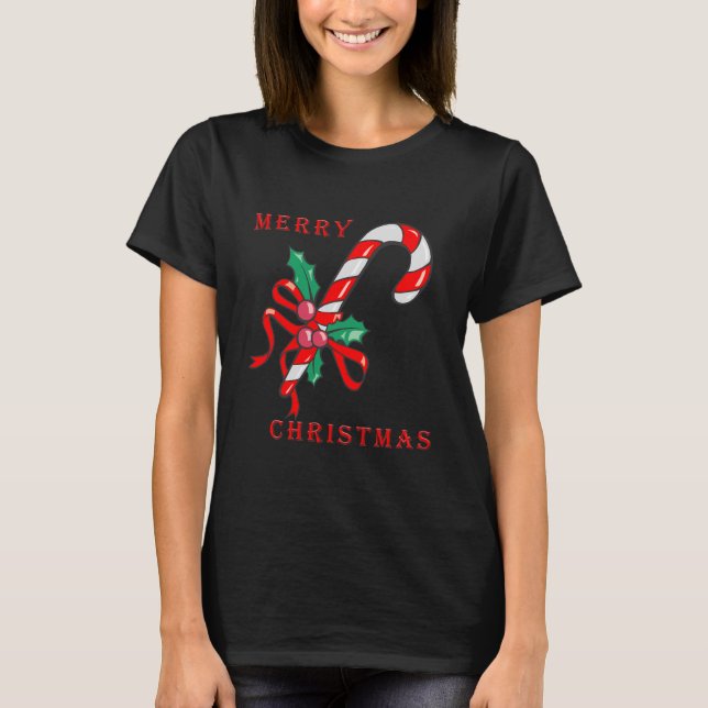 Merry Christmas Cute Candy Cane Red T-Shirt (Front)