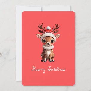 Merry Christmas, Cute Cartoon Deer, Red colouring Holiday Card