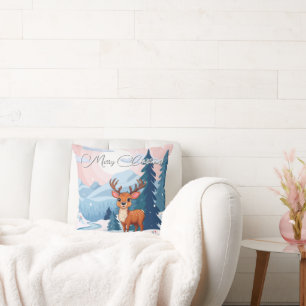 Merry Christmas Cute Cartoon Reindeer in winter Throw Pillow