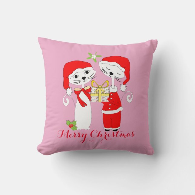 Merry Christmas Cute Cats In Santa Hats Festive Throw Pillow (Front)