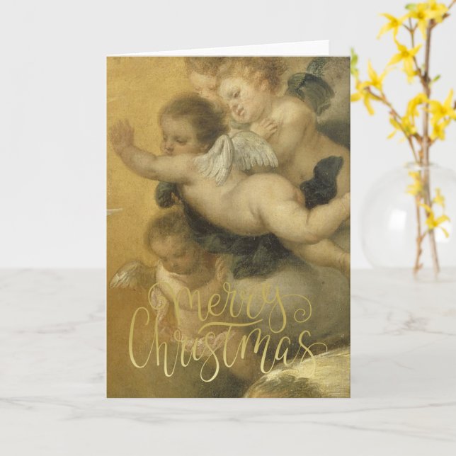 Merry Christmas - Cute Cherubs Fine Art Card (Yellow Flower)