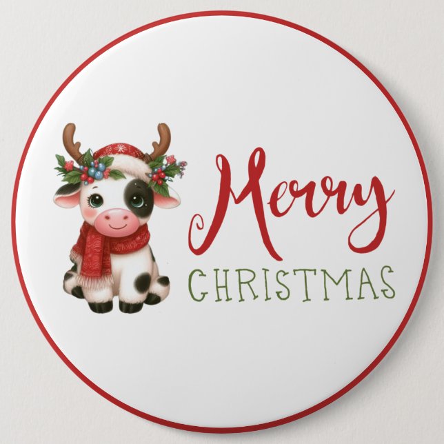 Merry Christmas cute cow  6 Inch Round Button (Front)